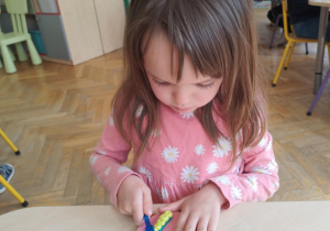 Dziewczynka czyści model zębów.