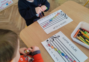Dzieci kolorują dźwięki gamy według instrukcji.