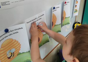 Chłopiec umieszcza sylwetę pszczoły nad ulem.