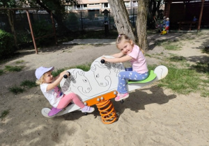 Dziewczynki bawią się na bujanej huśtawce.